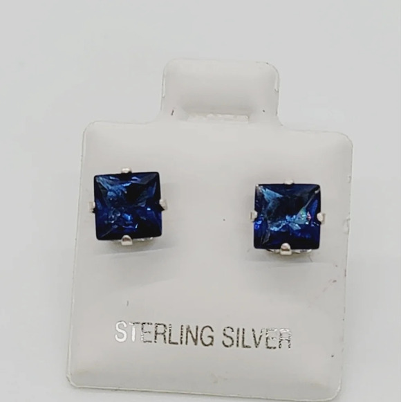 New Dark Blue Square CZ Earrings - Picture 4 of 6